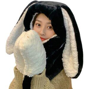 Women Black Cute Rabbit Ear Plush Beanie Cap Outdoor Fluffy Bunny Hat Scarf